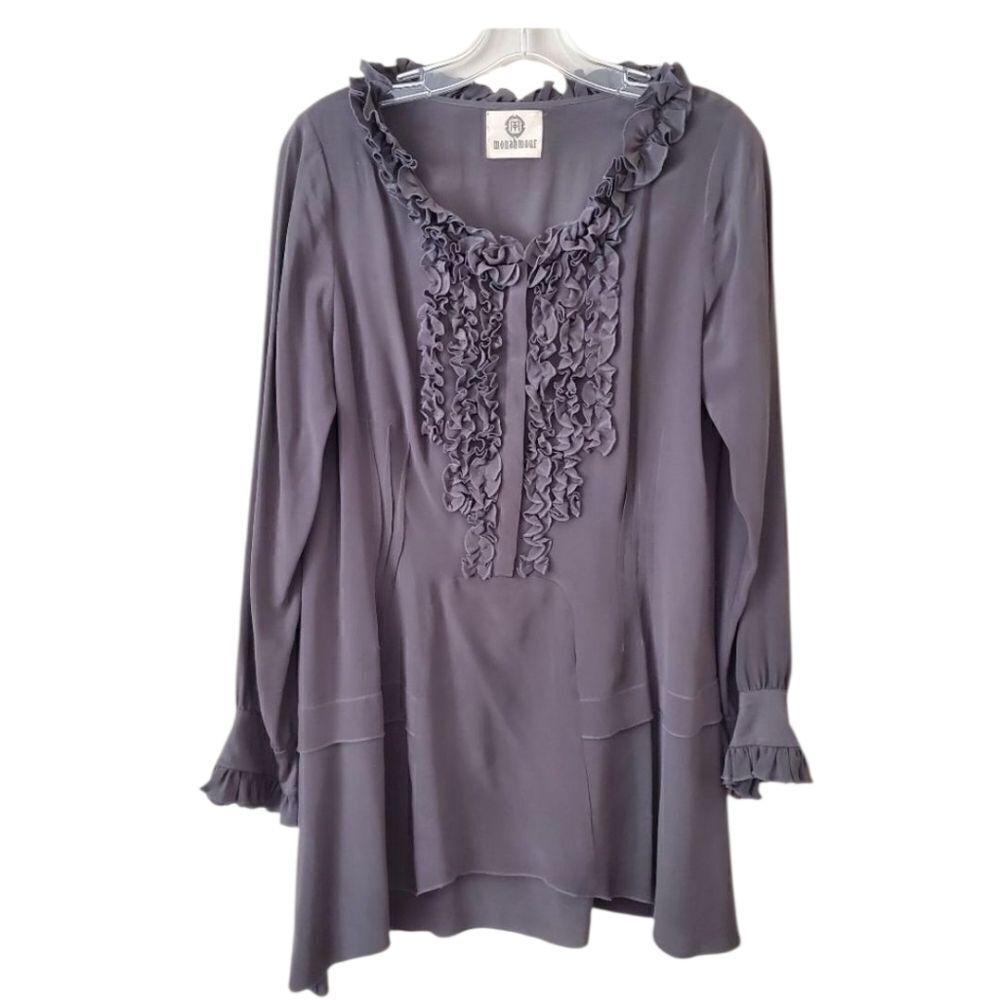 ‎Monahmour Women's 100% Silk Blouse Gray Size Medium Lagenlook